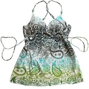 Self Esteem Womens XL Paisley Ombre Halter Babydoll Top Green Teal Y2K Boho